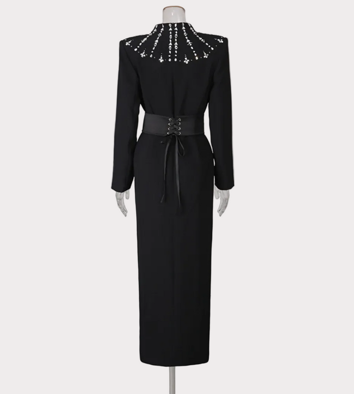 embellished collar belted slit maxi dress – STAR