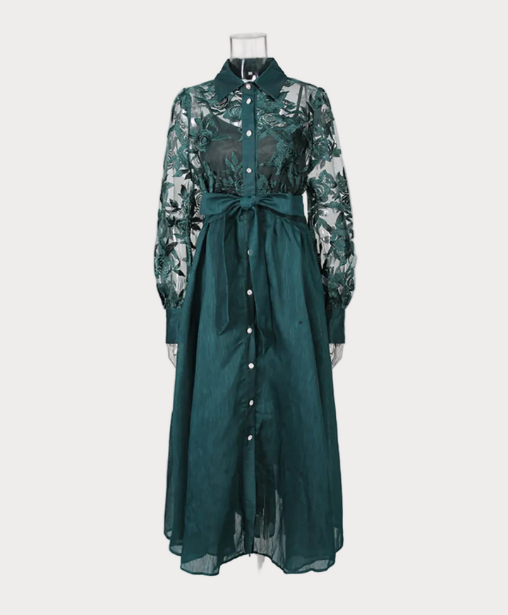 lace sleeve belted shirt midi dress – RALDO