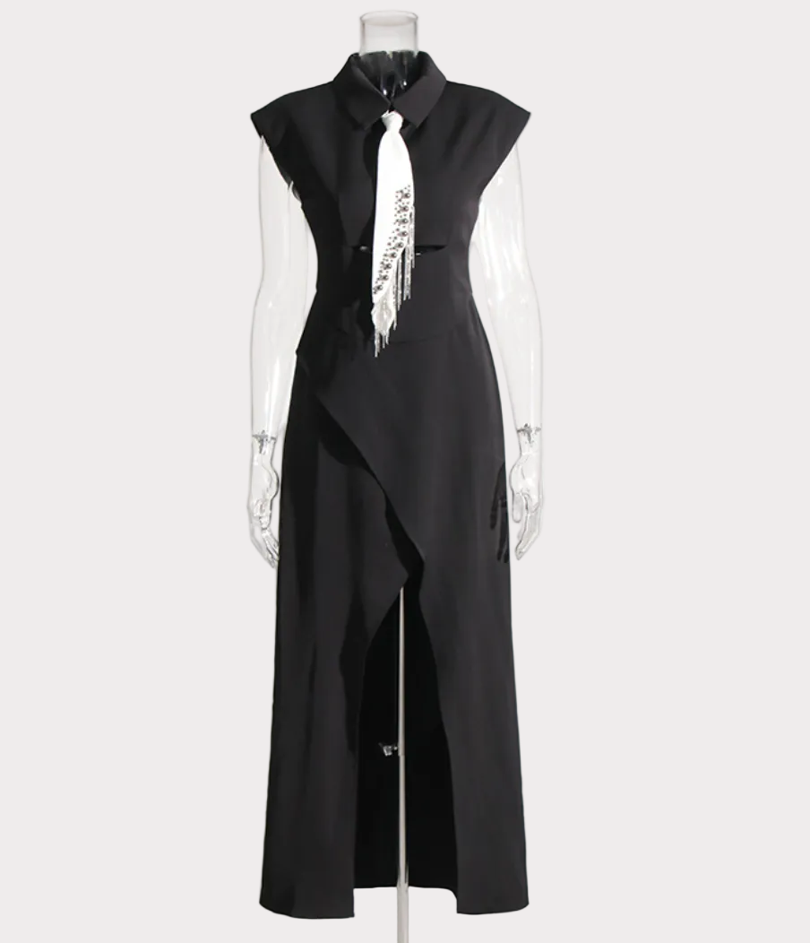 cap sleeve asymmetric slit dress with embellished tie – ICON