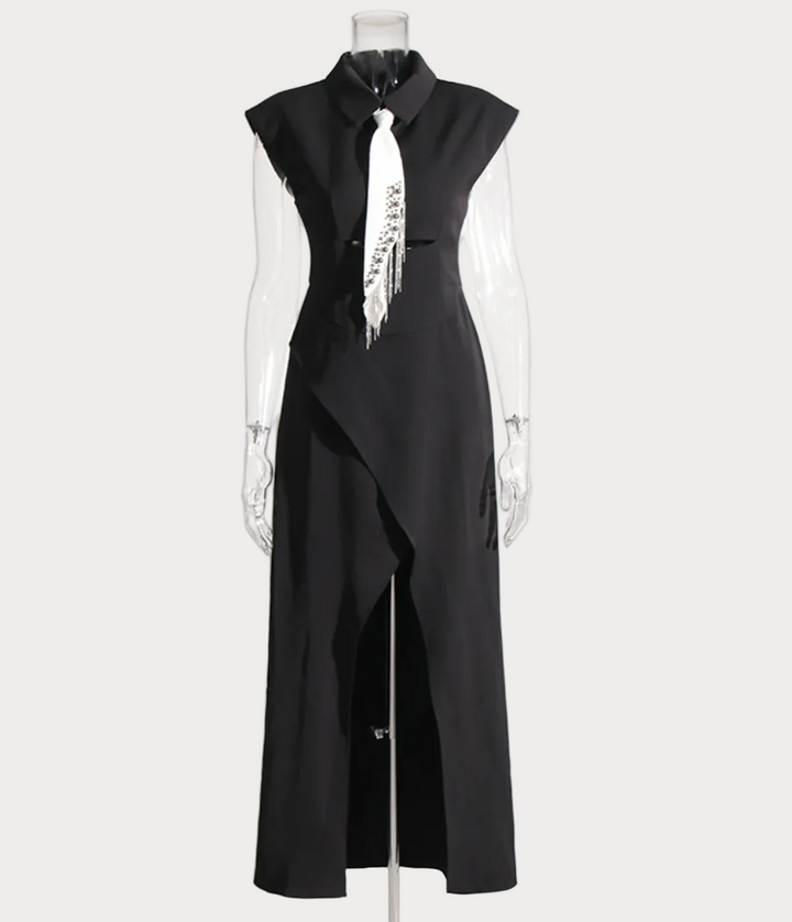 cap sleeve asymmetric slit dress with embellished tie – ICON