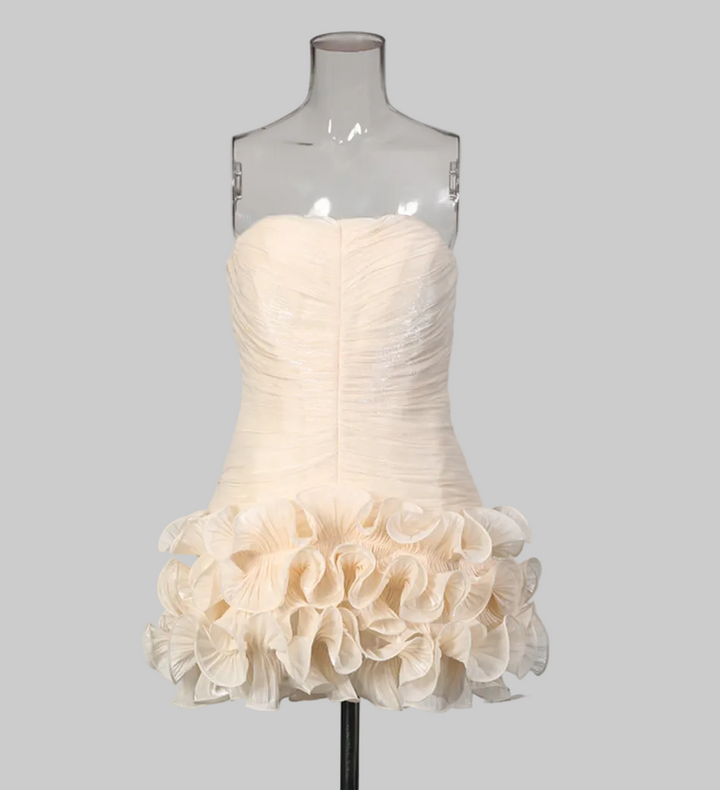 strapless ruched bodice ruffle mini dress – CHAGN