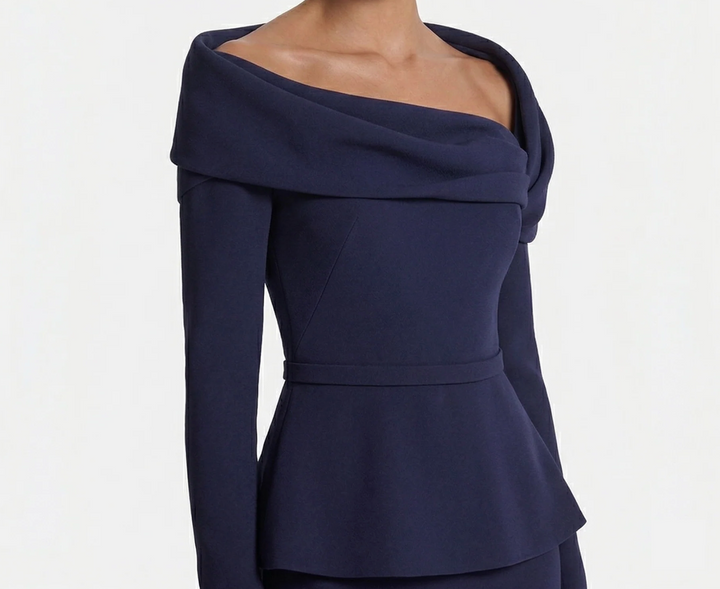 off-shoulder draped gown with peplum waist – SERENL-1