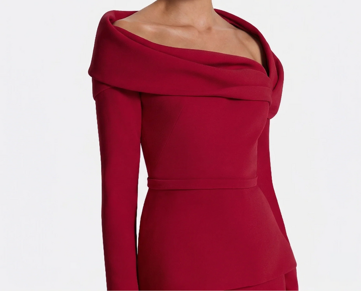 off-shoulder draped gown with peplum waist – SERENL-1
