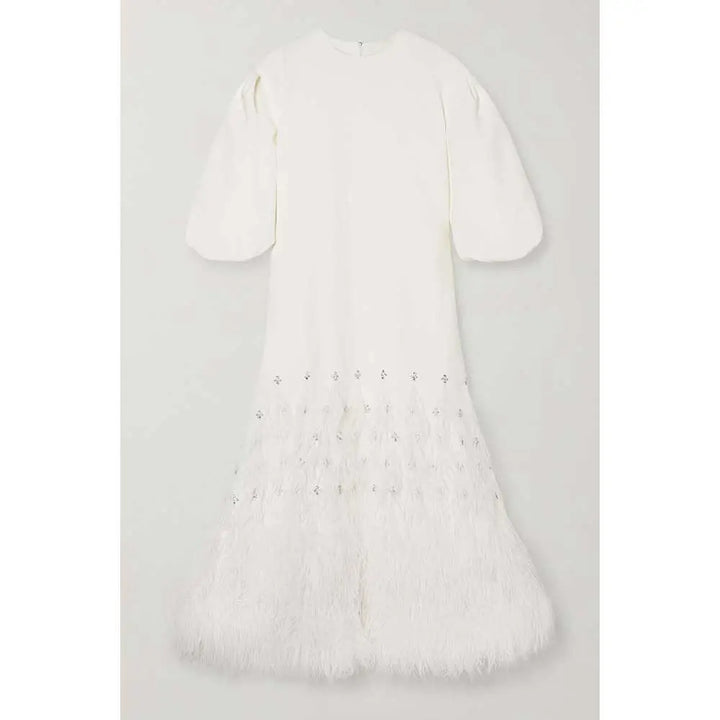 feather-trim embellished gown in ivory – Suzynne