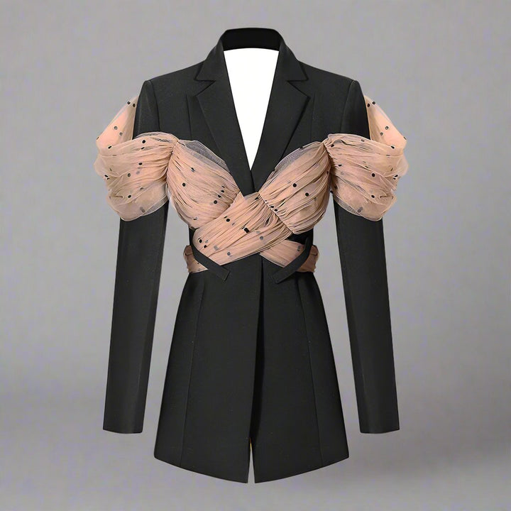 longline tailored blazer with draped tulle sleeves - Evisss