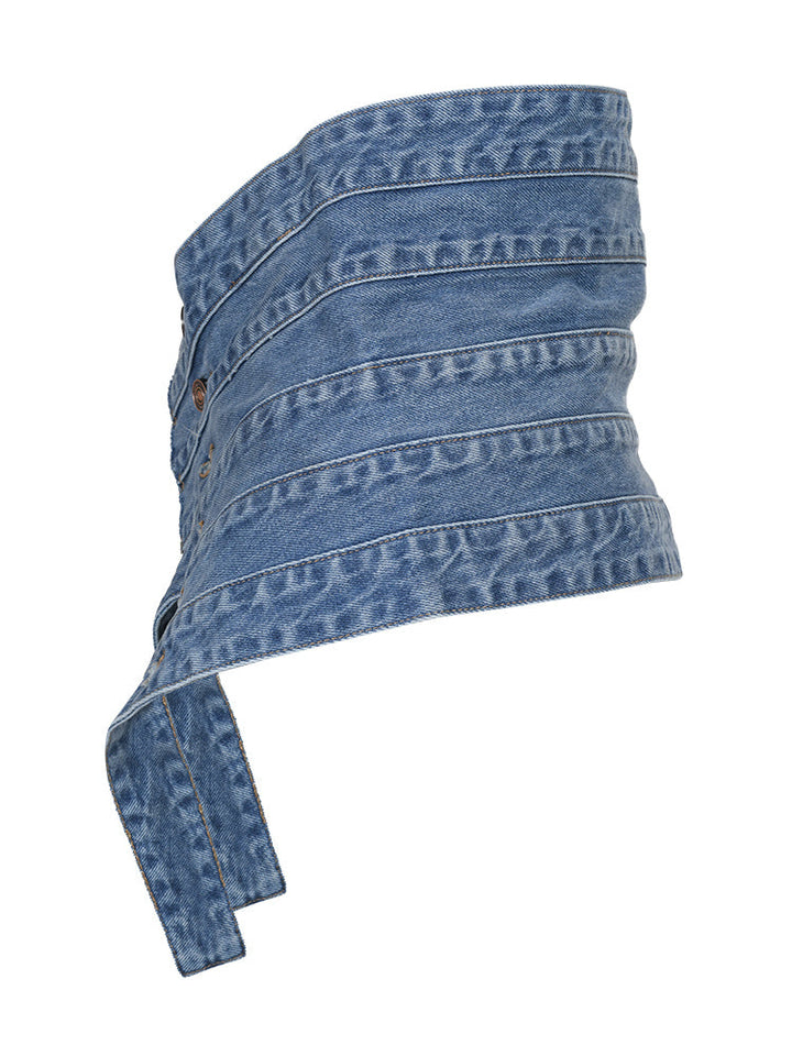 asymmetrical denim belt with layered button straps –Teiuc