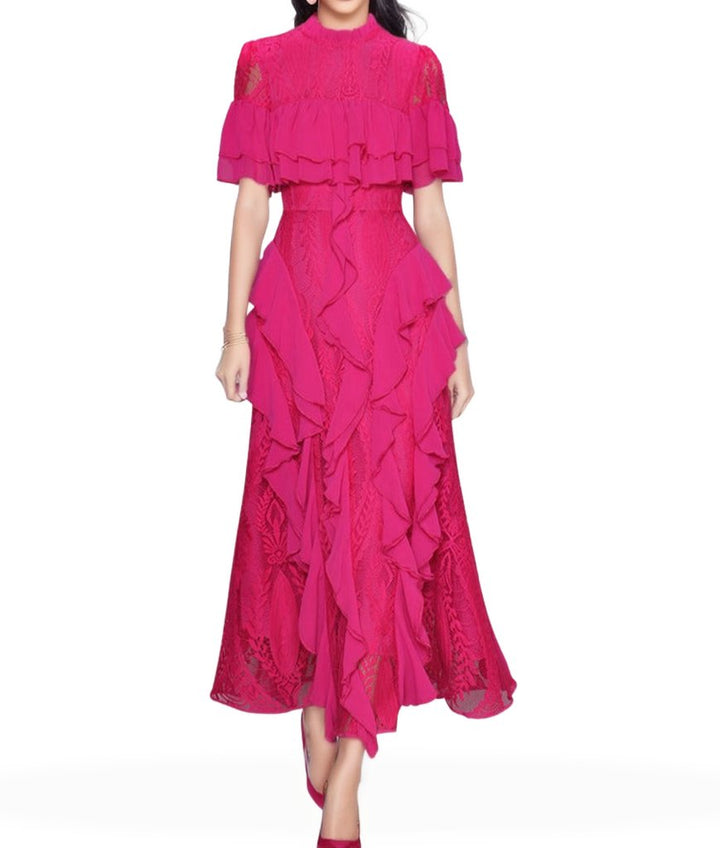 high-neck lace gown with cascading ruffles – Aanewxc