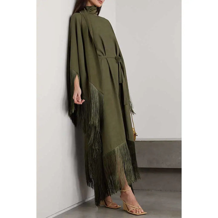 fringed kaftan gown with tie-neck – ODD- Sushali