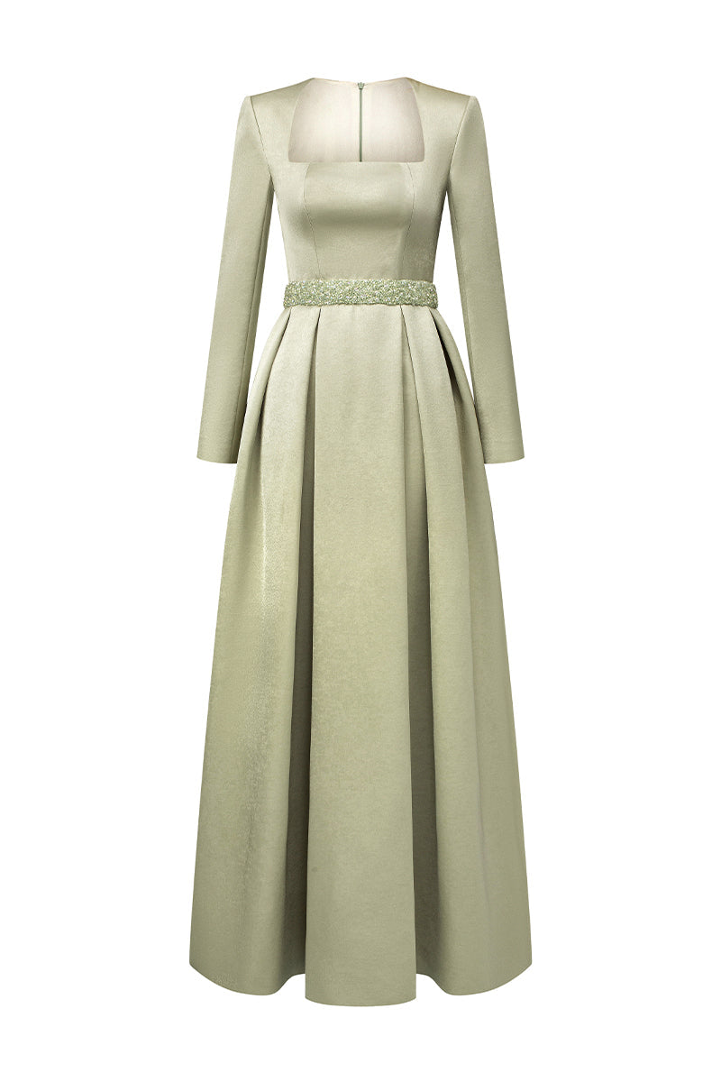 square-neck satin gown with embellished waist – SERENA