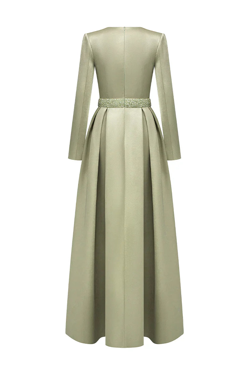 square-neck satin gown with embellished waist – SERENA