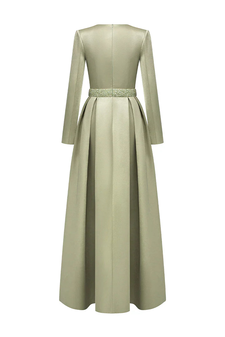 square-neck satin gown with embellished waist – SERENA