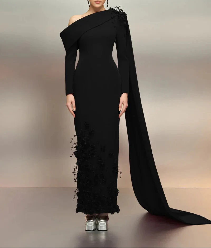 one-shoulder embellished gown with draped sash – CELVINA
