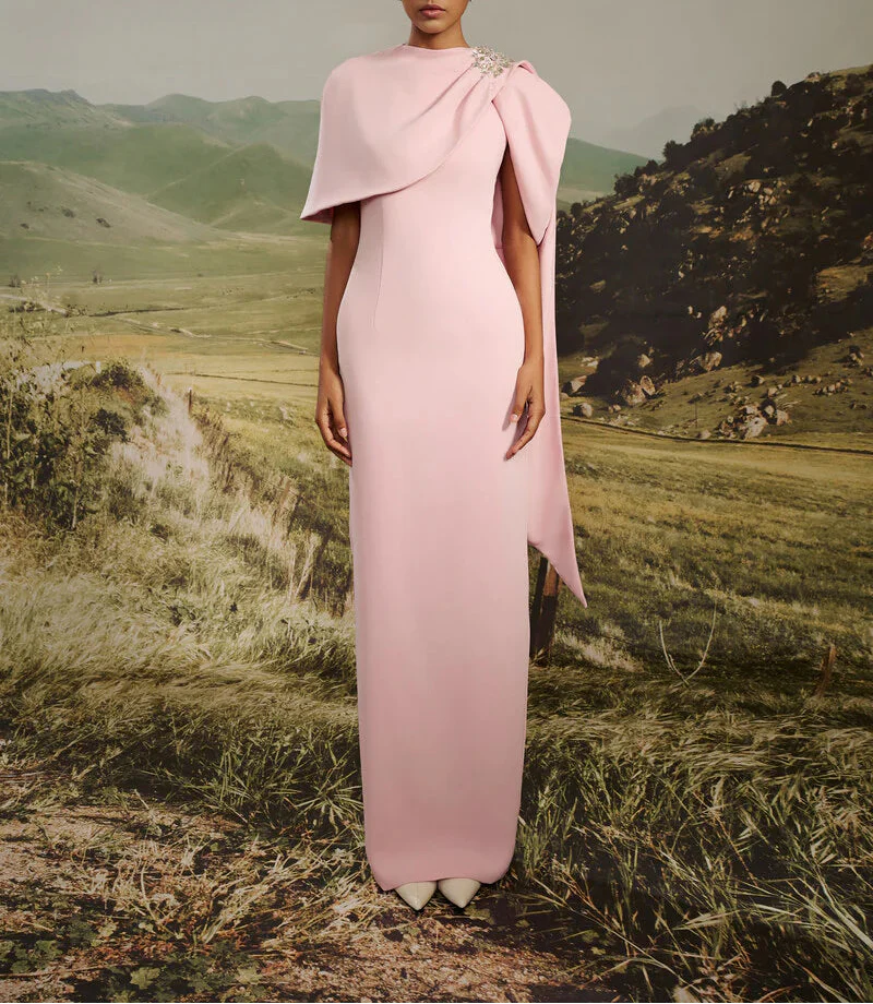 asymmetric cape gown with crystal brooch – ODD- CELINE