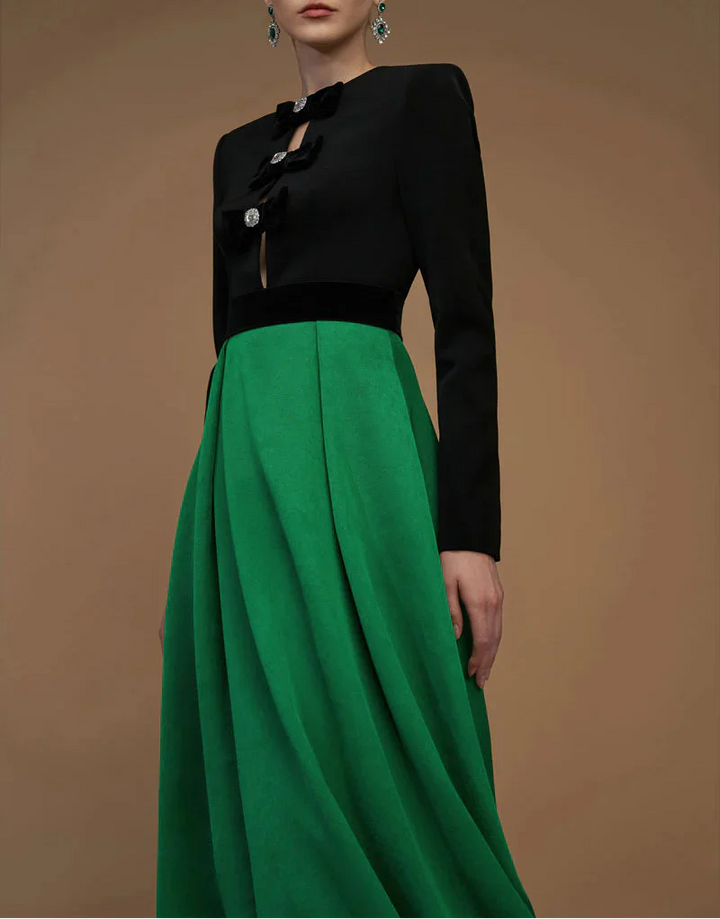 long-sleeve two-tone gown with velvet bows – REGINA