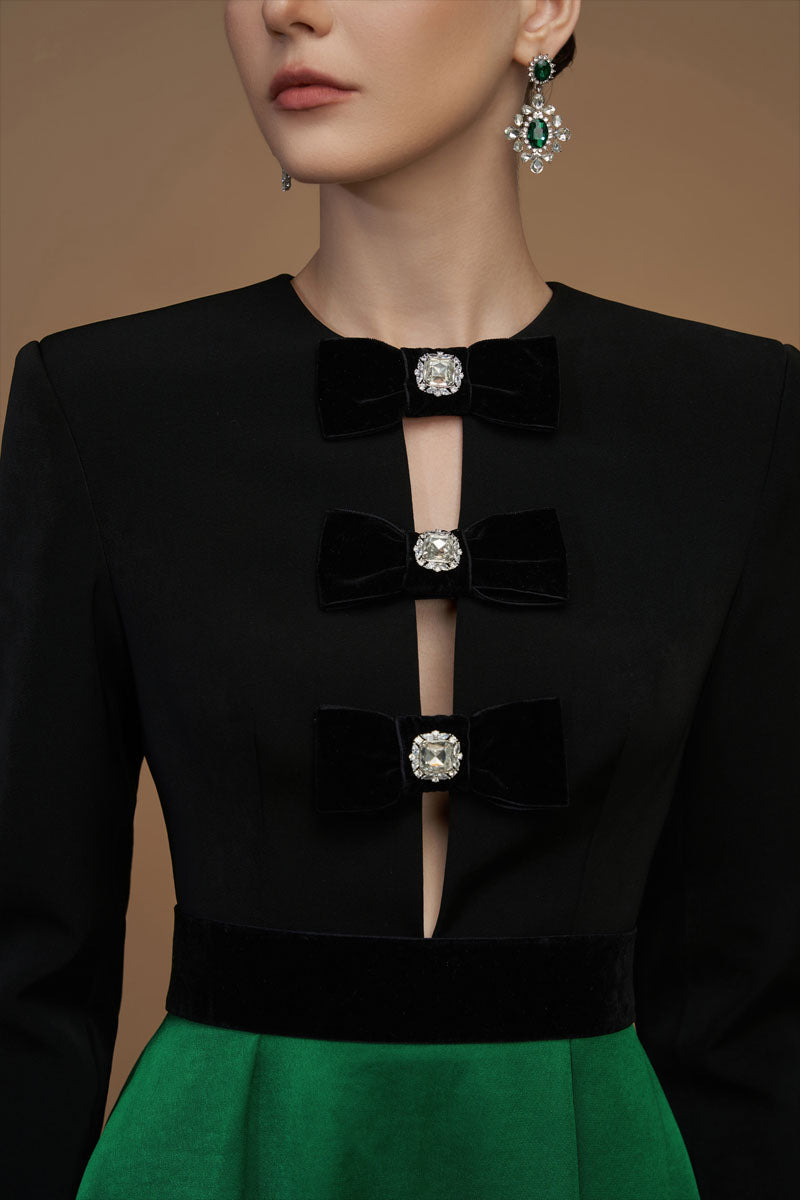 long-sleeve two-tone gown with velvet bows – REGINA