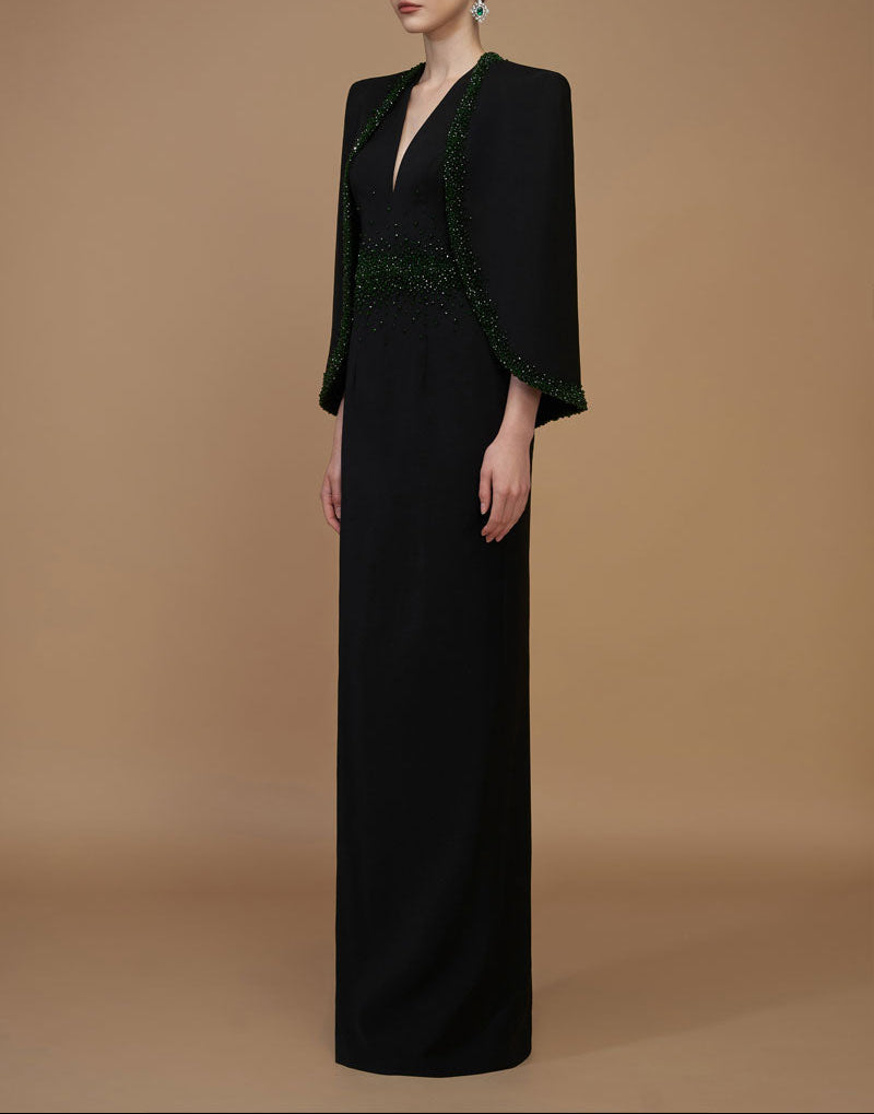 plunging v-neck gown with embellished cape – EMERALD-1