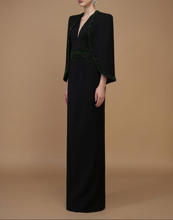 plunging v-neck gown with embellished cape – EMERALD-1