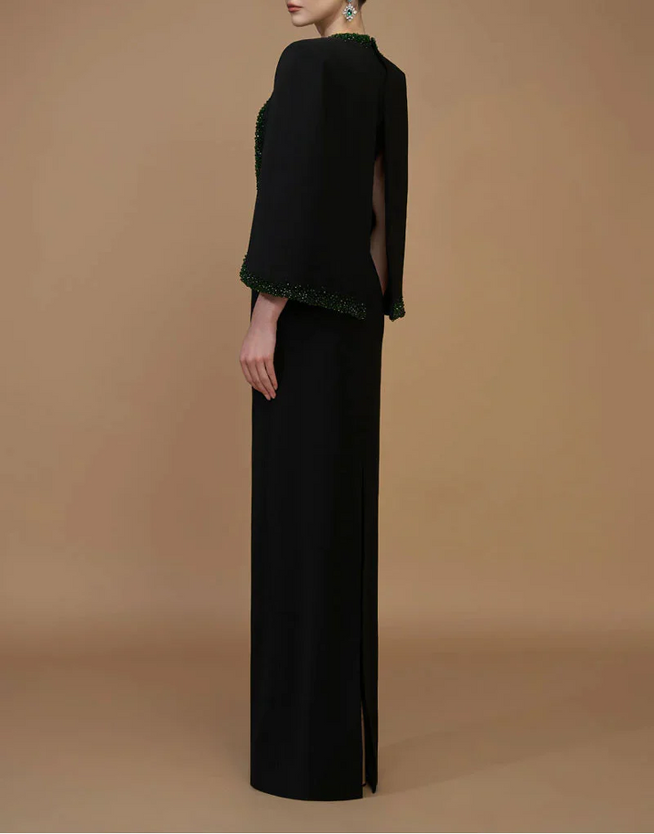 plunging v-neck gown with embellished cape – EMERALD-1