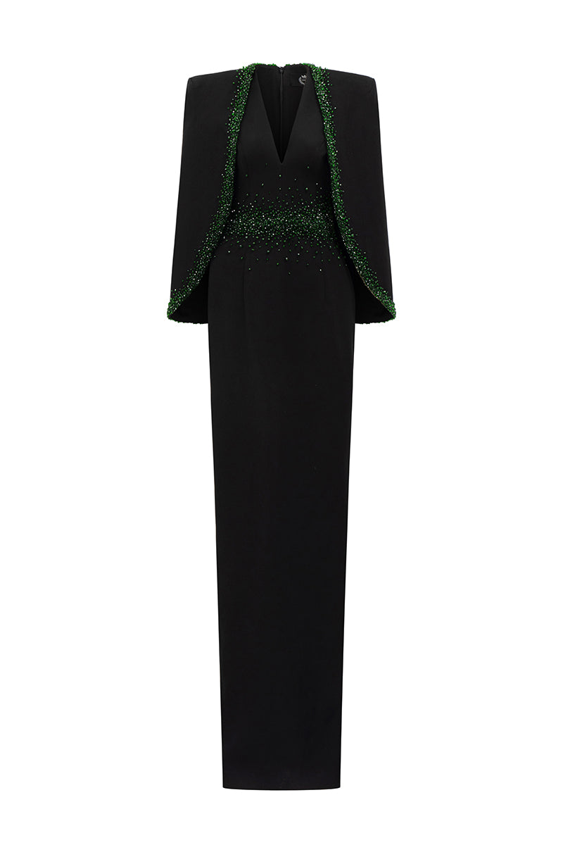 plunging v-neck gown with embellished cape – EMERALD-1