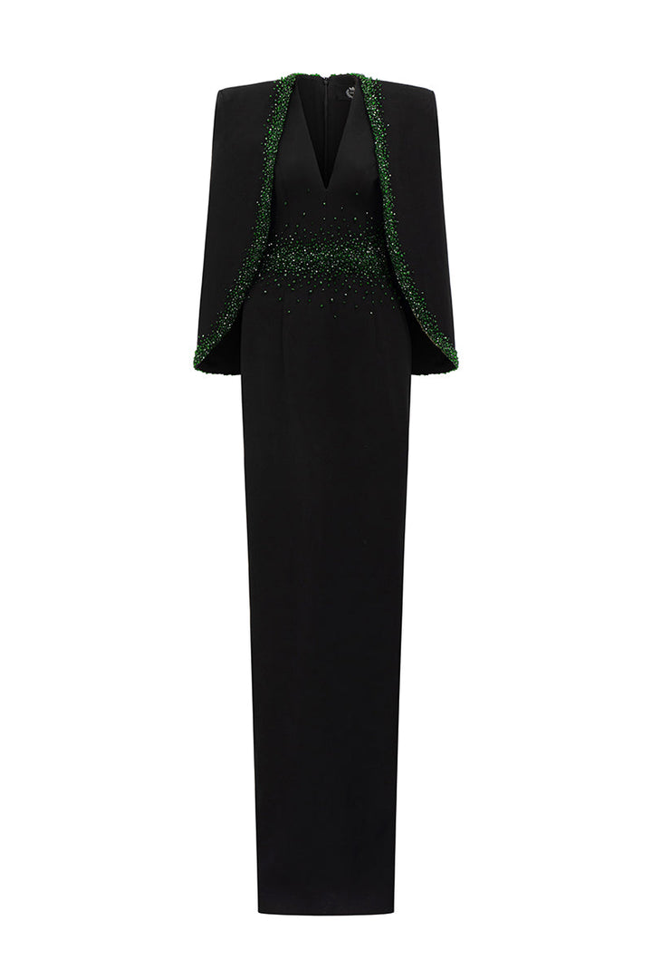 plunging v-neck gown with embellished cape – EMERALD-1