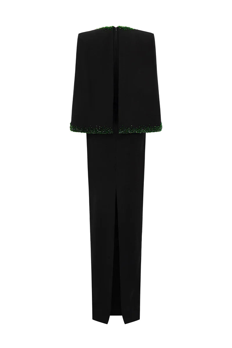 plunging v-neck gown with embellished cape – EMERALD-1