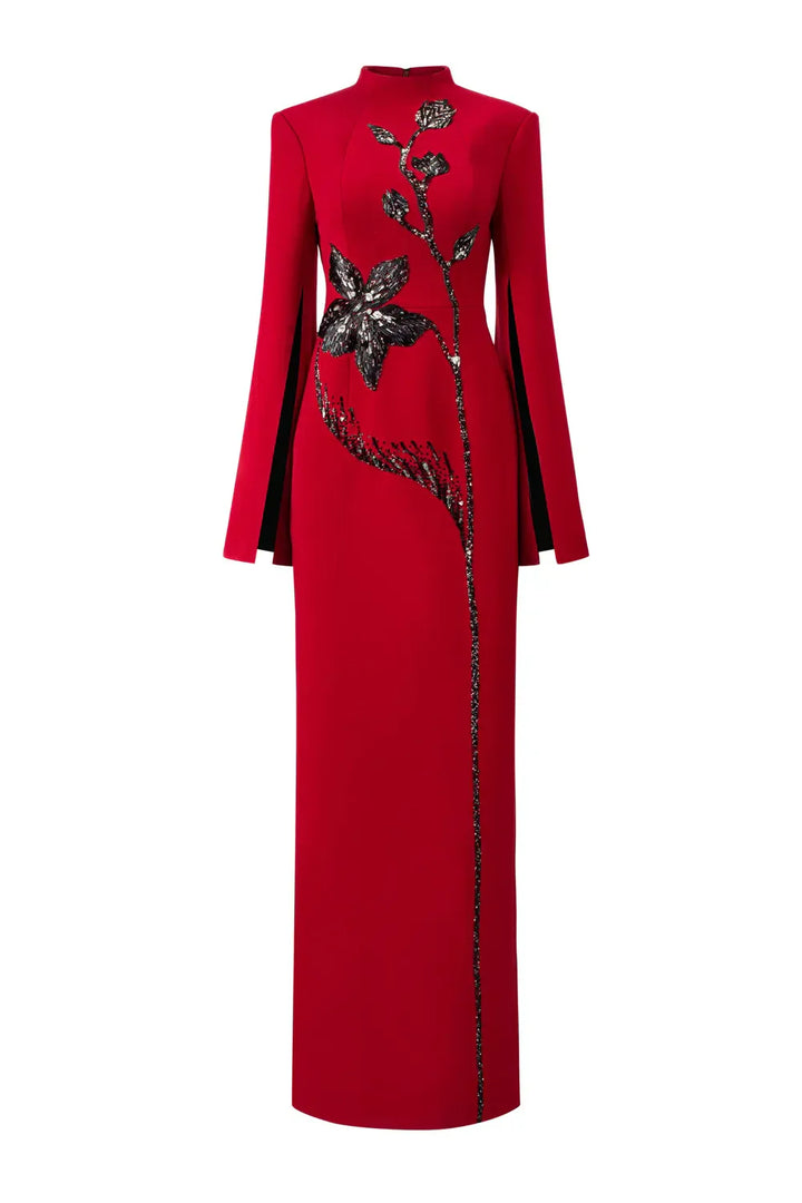 Long-sleeve column dress with floral sequin embellishment - Cecilia-1