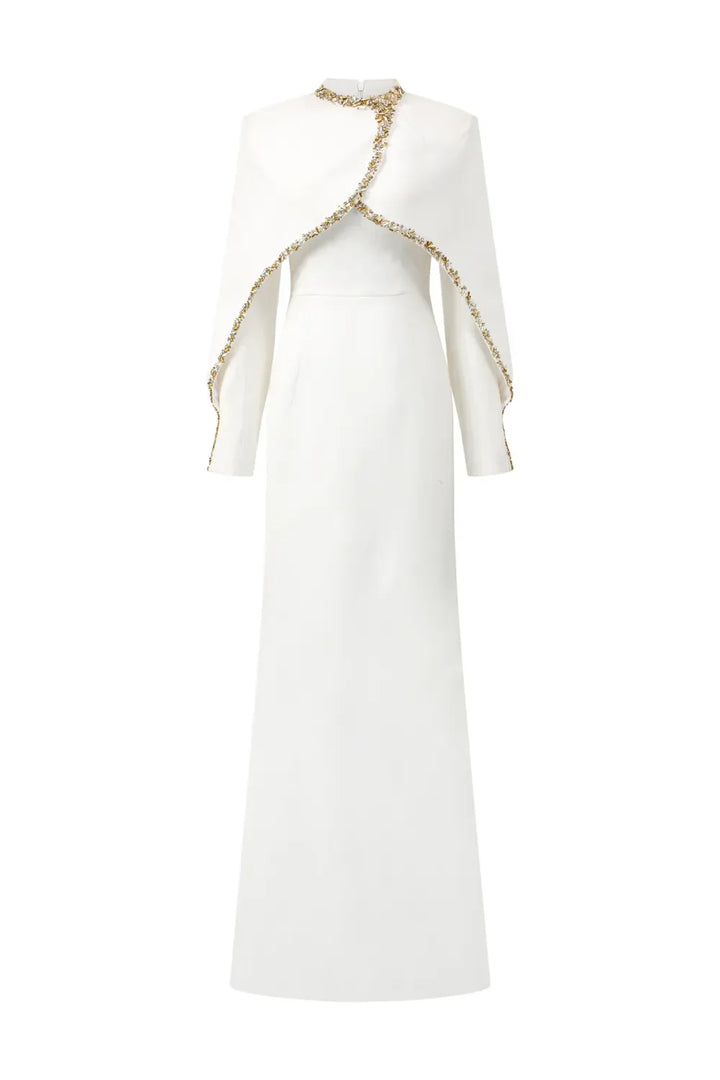 Long-Sleeve Column Dress with Embellished Cape - ODD - AURORA