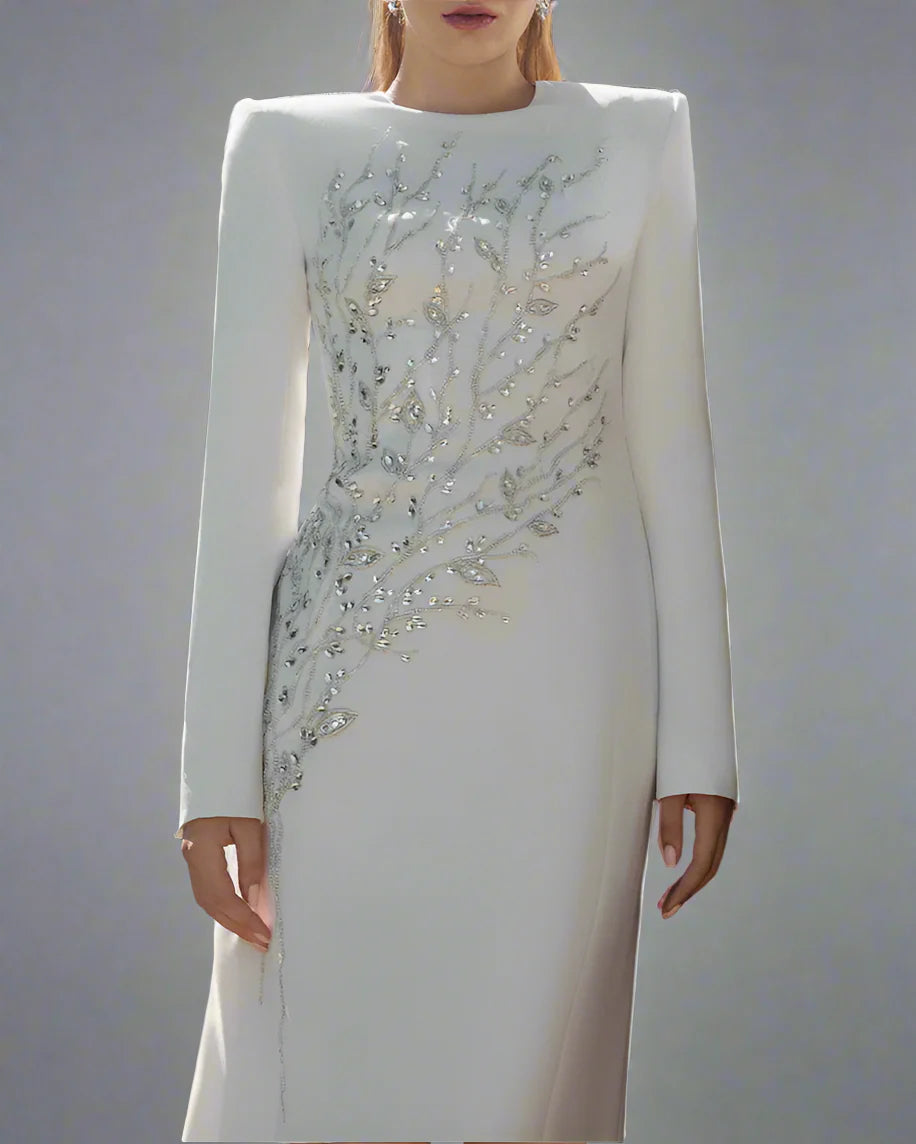 long-sleeve column gown with sequin branch embroidery – AUROZLI