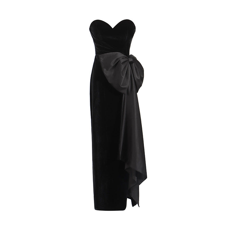 strapless velvet gown with oversized side bow – ODD- NOIRUV