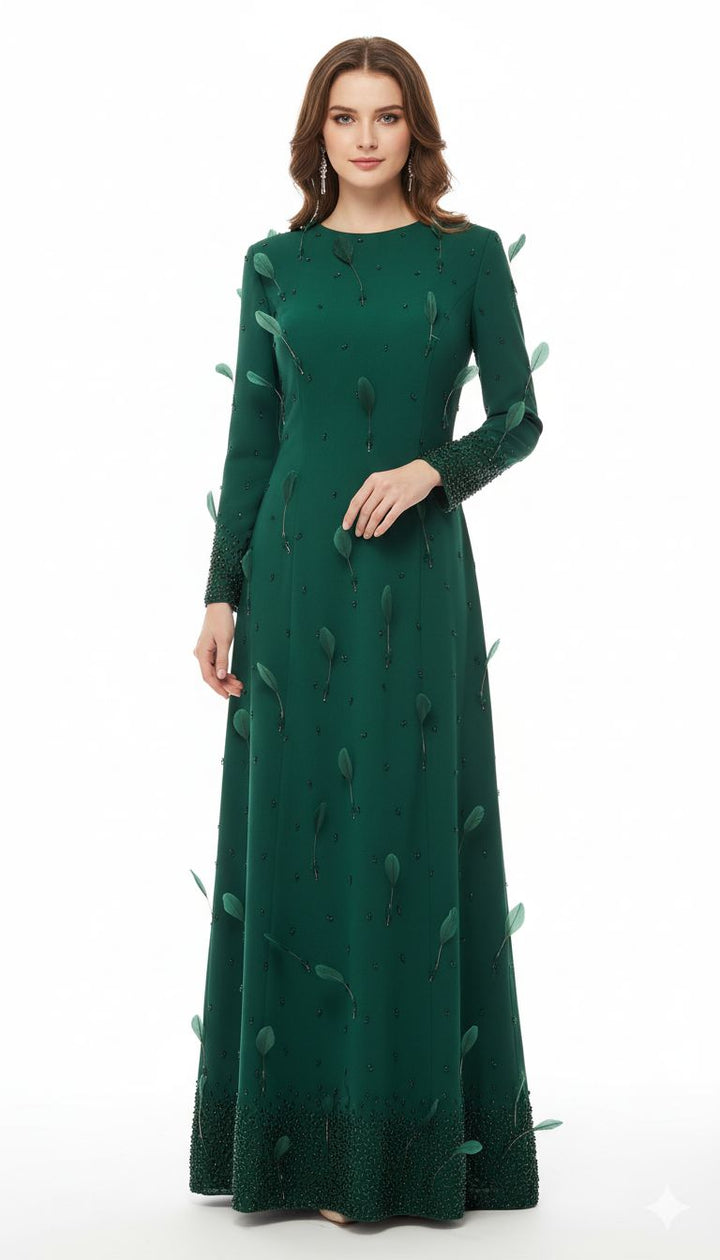 long-sleeve embellished gown with 3D leaf appliqués – EMERALDIA