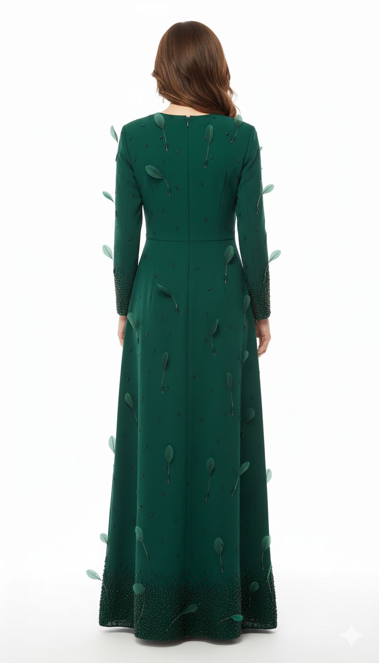 long-sleeve embellished gown with 3D leaf appliqués – EMERALDIA