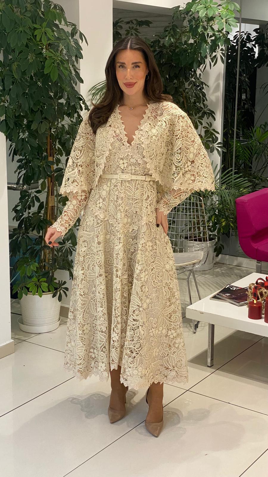lace midi dress with scalloped cape sleeves – ODD- SERENA