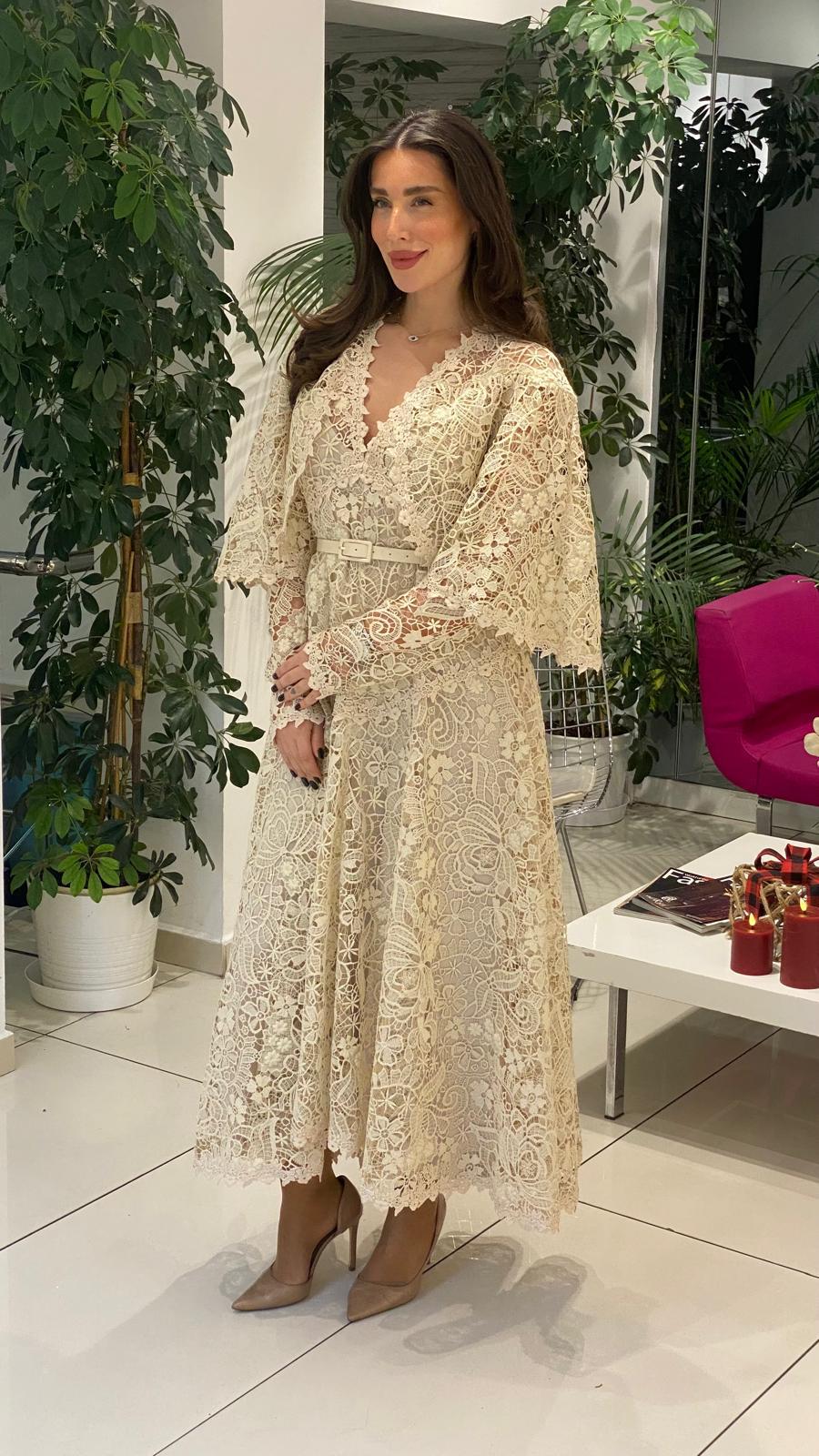 lace midi dress with scalloped cape sleeves – ODD- SERENA