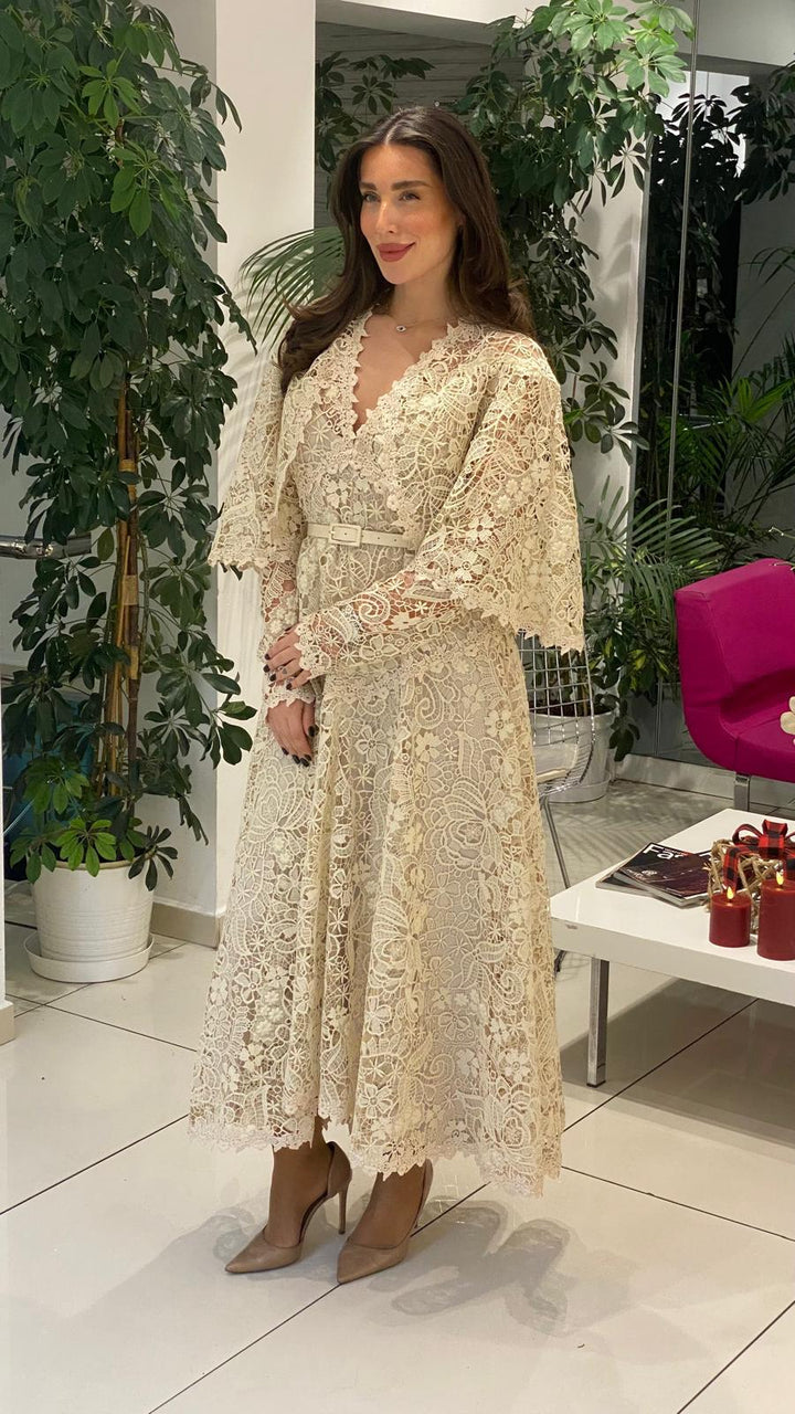 lace midi dress with scalloped cape sleeves – ODD- SERENA
