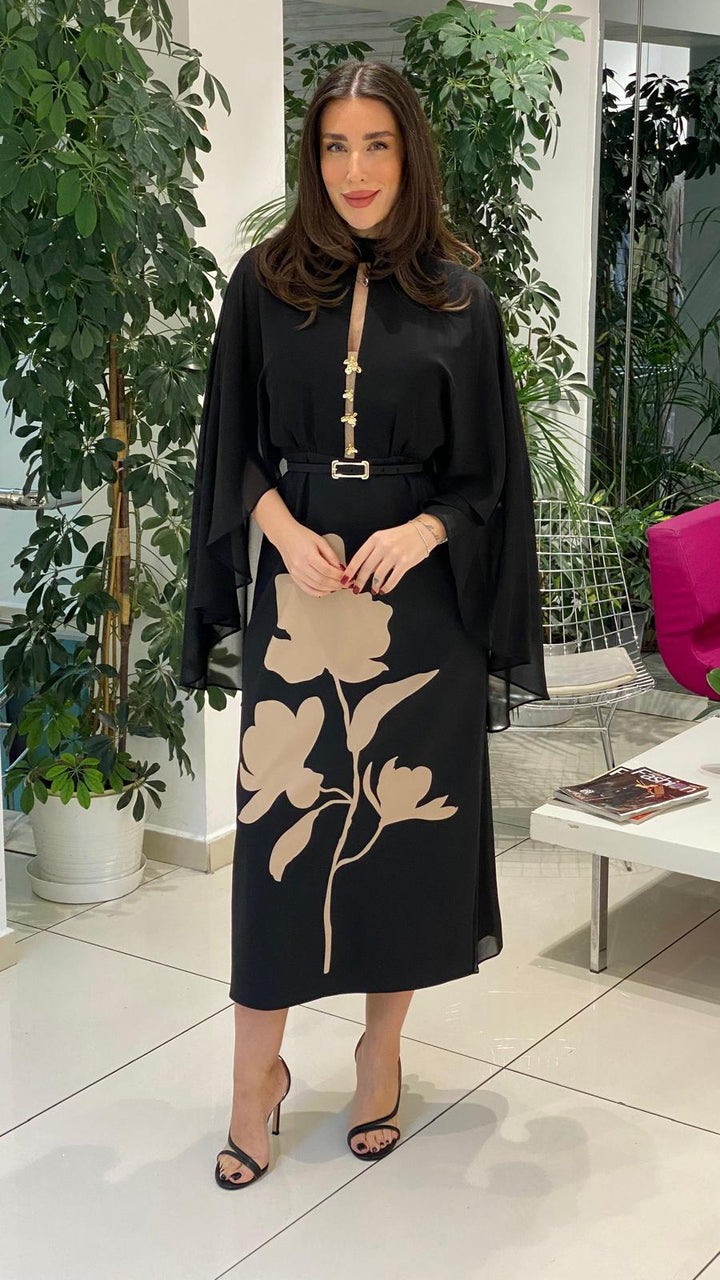 belted midi dress with sheer cape sleeves and floral motif – ODD- NOCTURNE