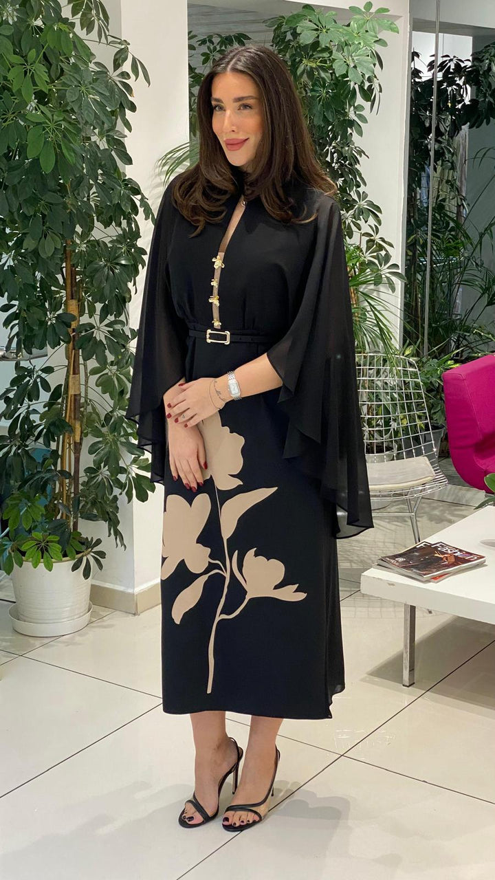 belted midi dress with sheer cape sleeves and floral motif – ODD- NOCTURNE