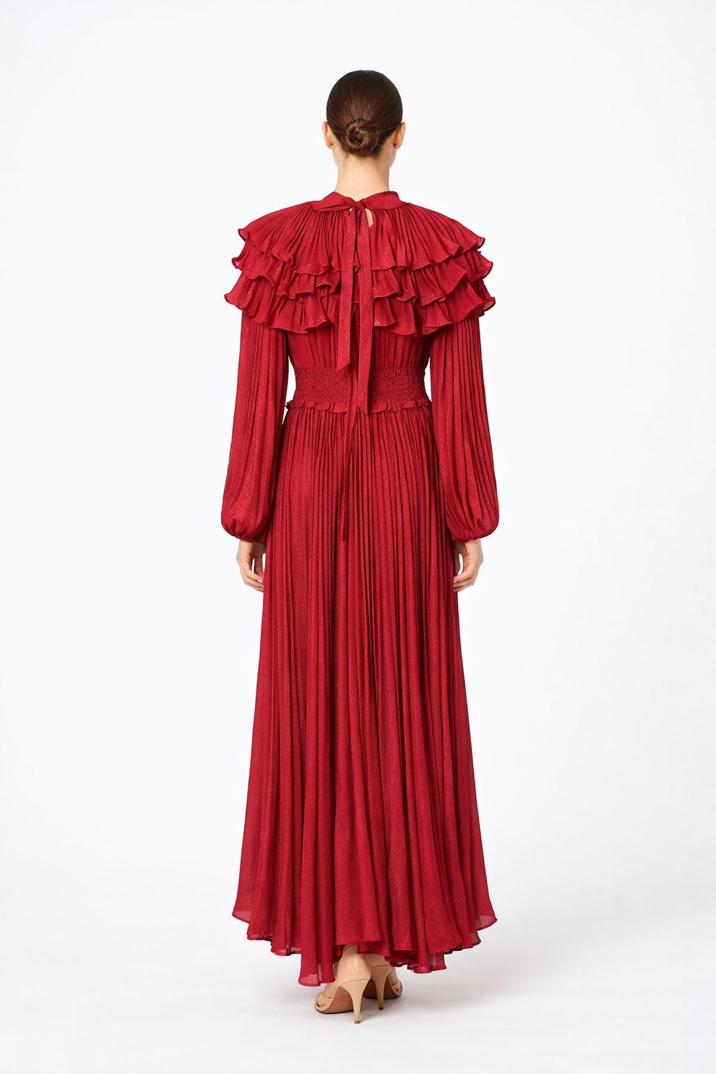 high neck pleated chiffon maxi dress with layered ruffle collar – CELESTE