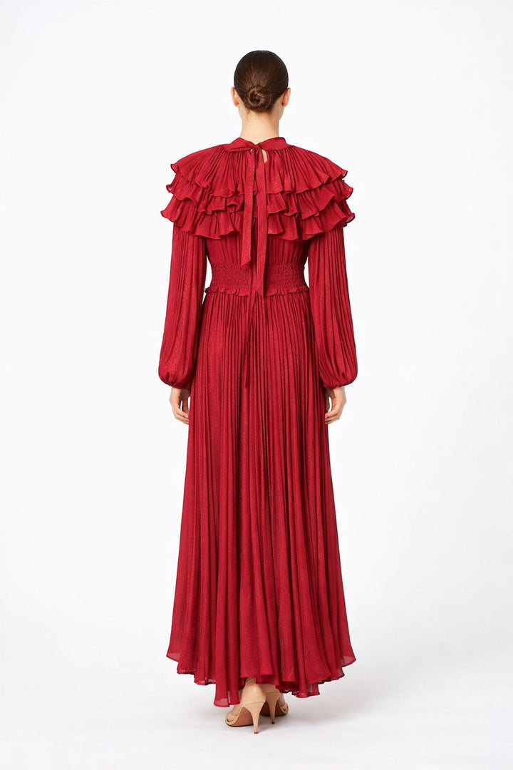high neck pleated chiffon maxi dress with layered ruffle collar – CELESTE