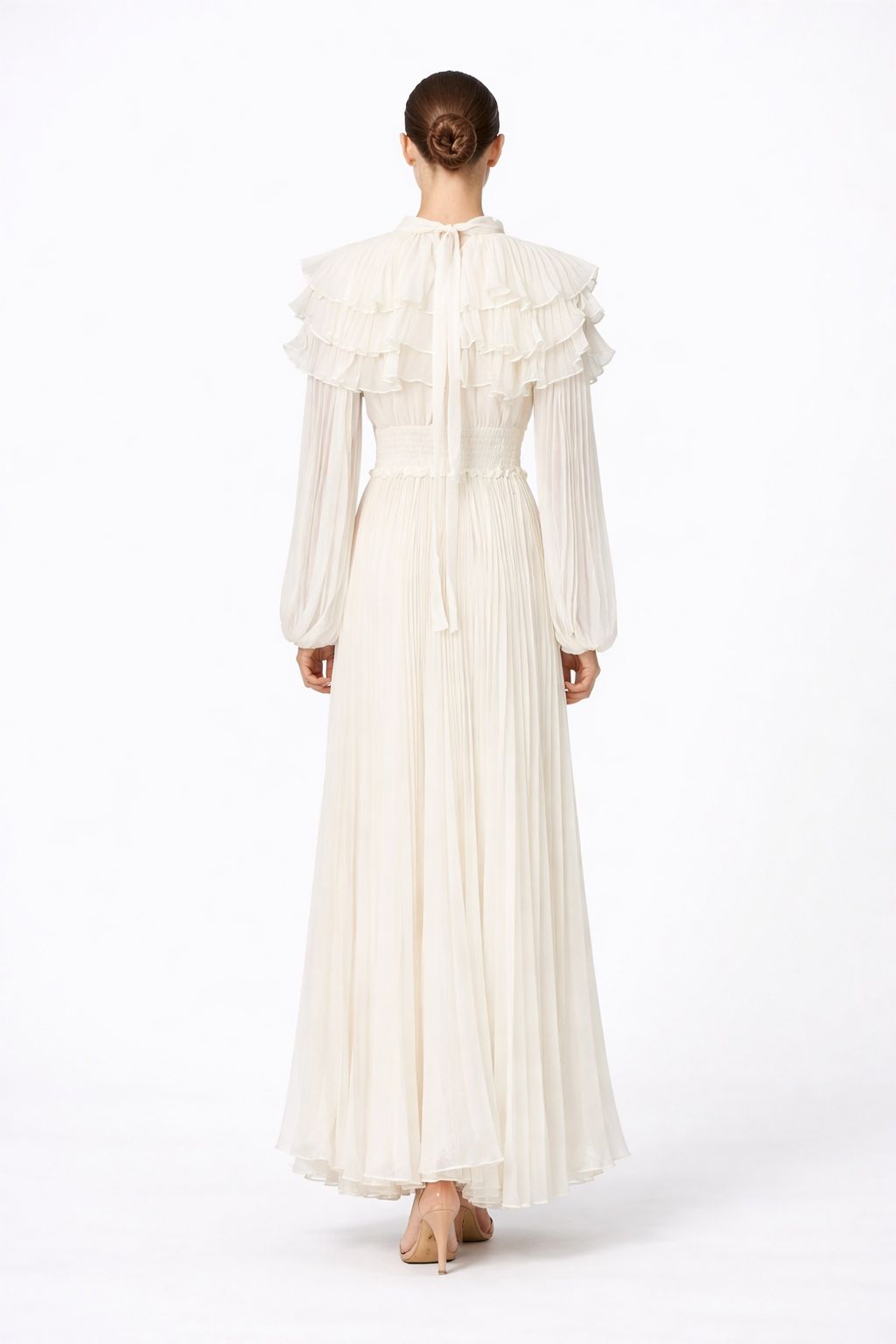 high neck pleated chiffon maxi dress with layered ruffle collar – CELESTE