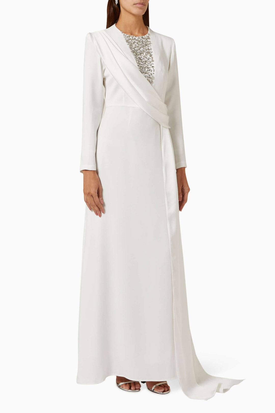 long-sleeve gown with embellished illusion neckline & draped sash – RHEA