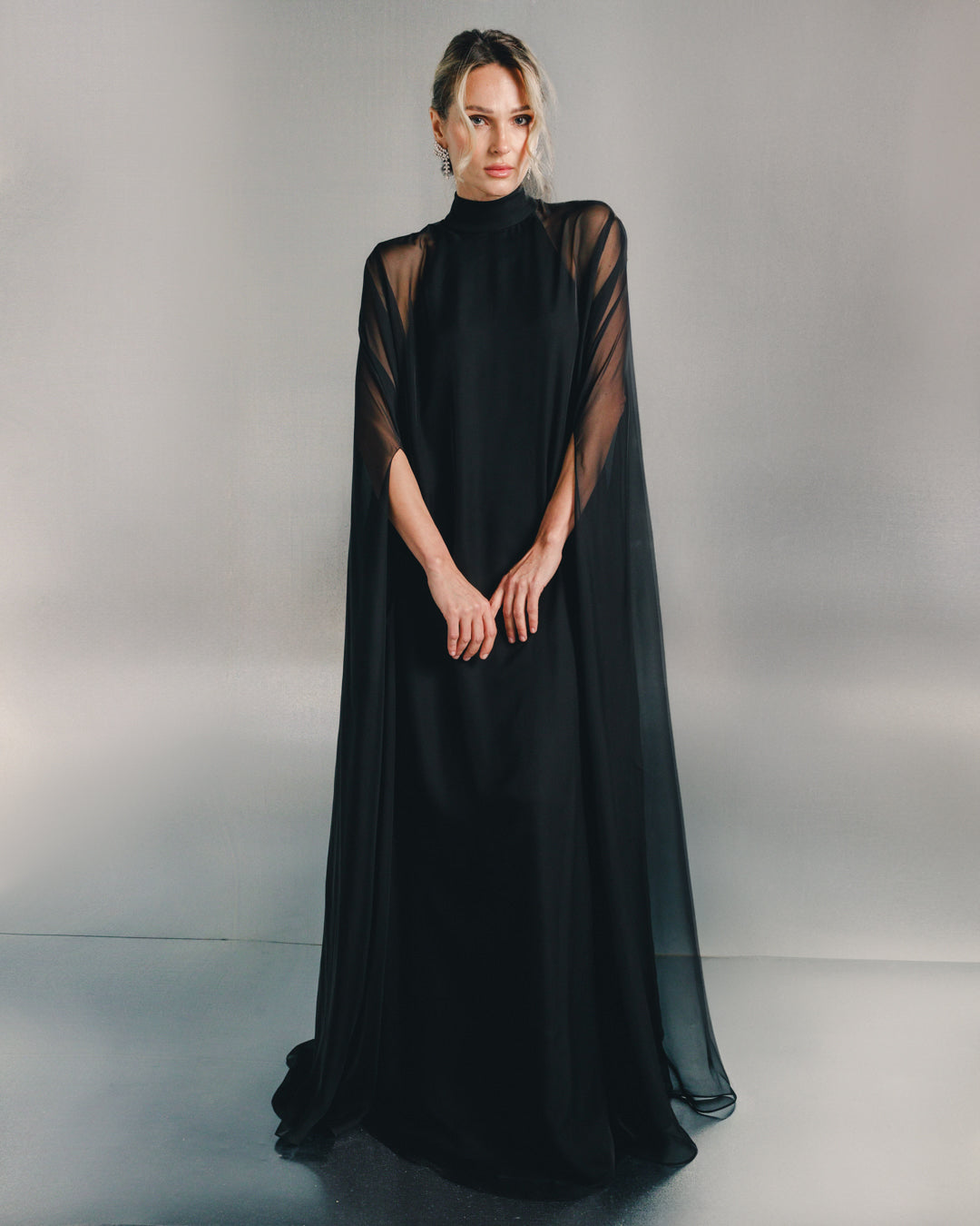 sheer cape maxi gown with high neckline – BLUSH