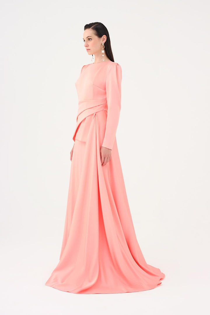 long-sleeve draped waist evening gown – ROSÉVA