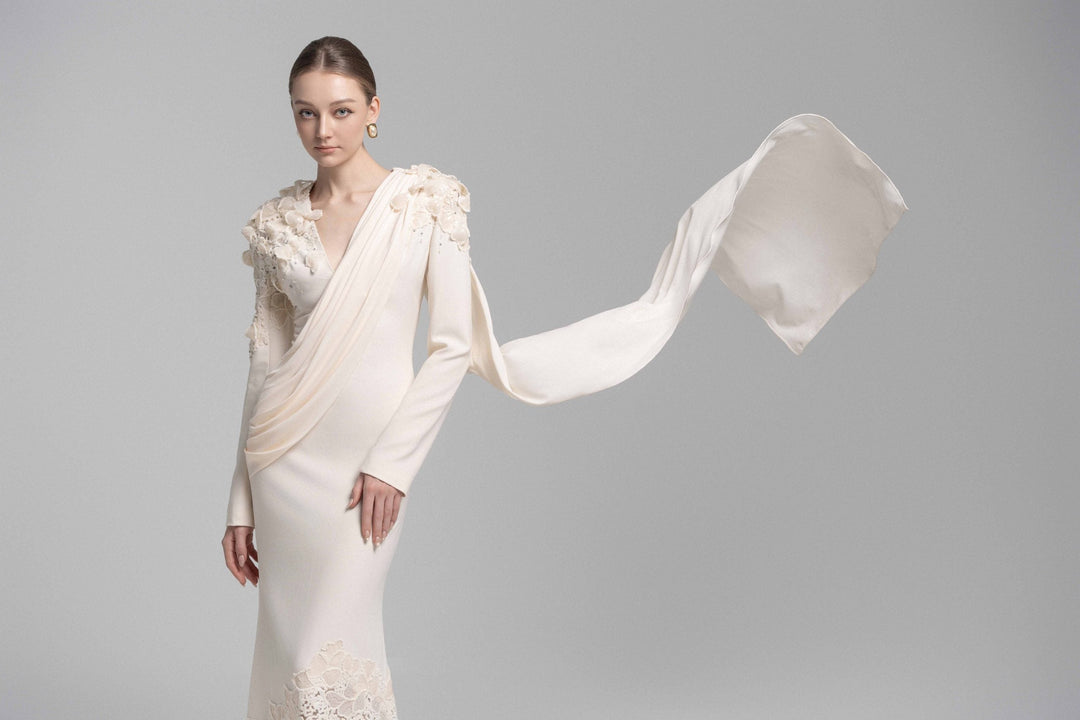 draped lace-embellished gown with floral shoulders – ODD- ELARIS