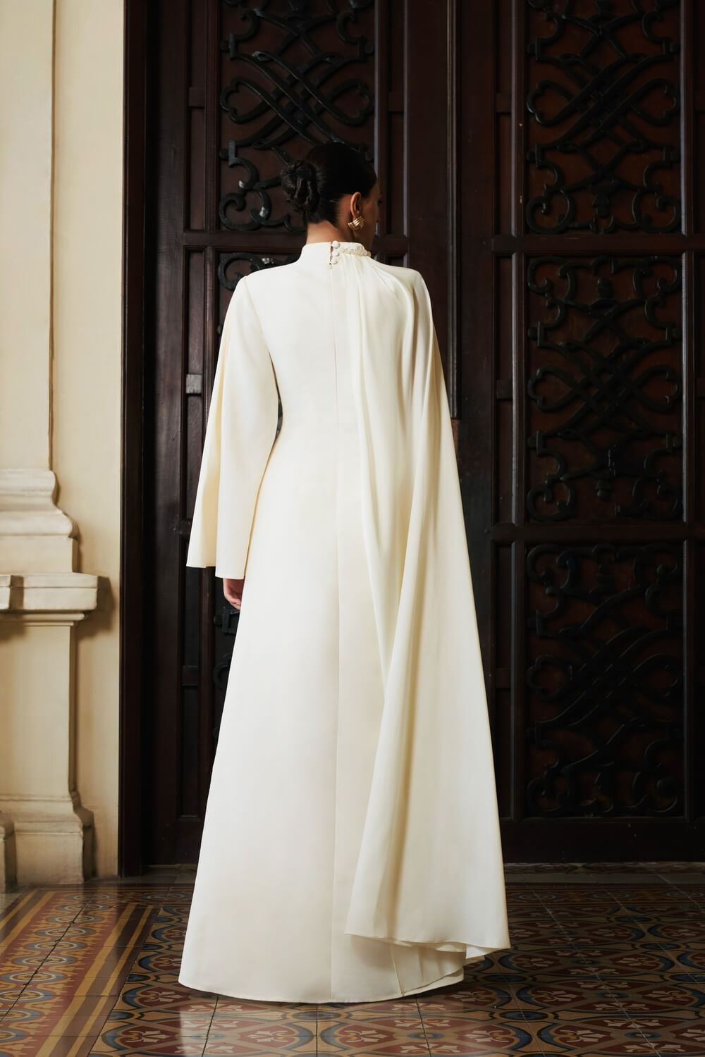 high-neck column gown with draped cape sleeve – ESME