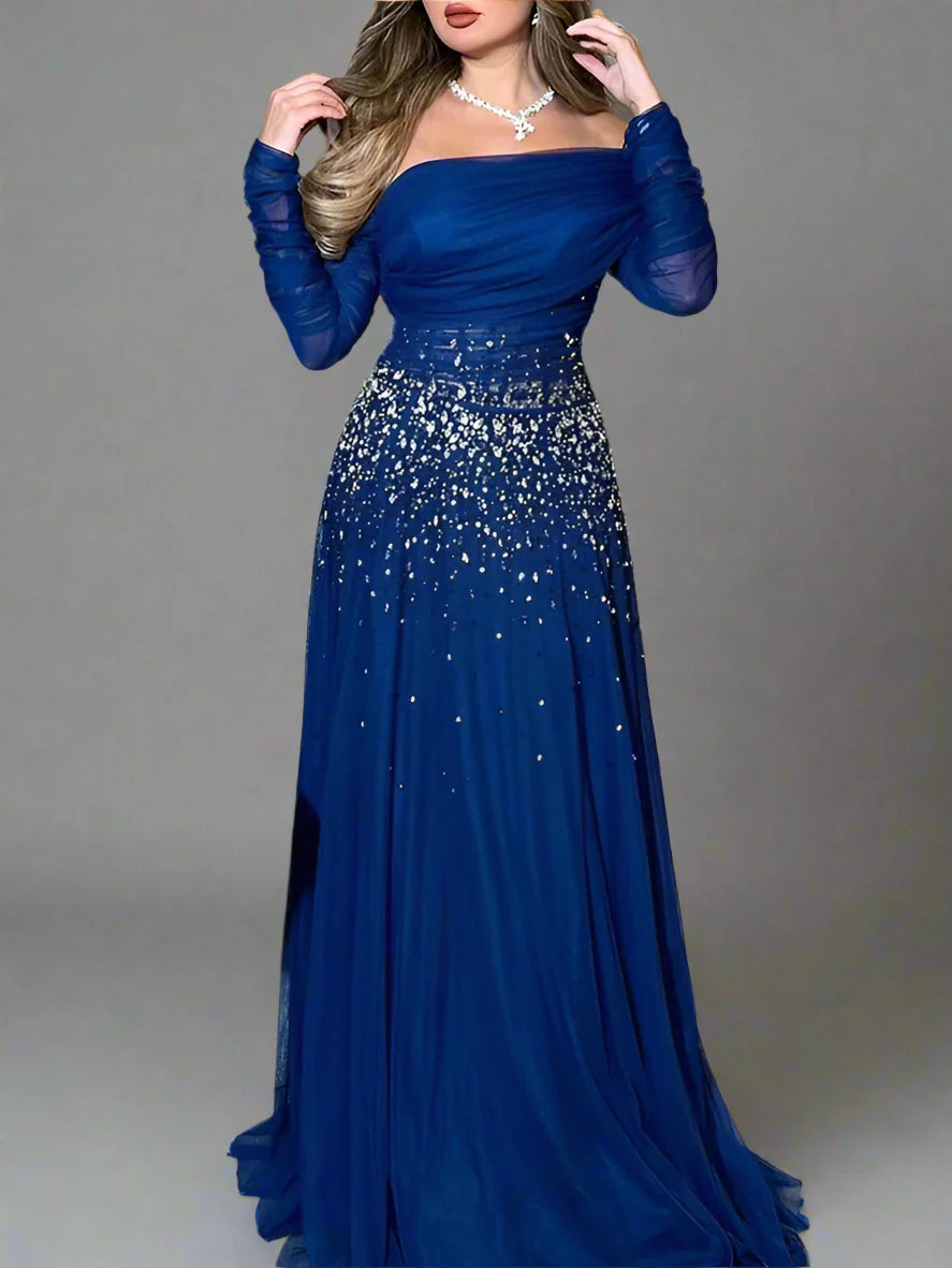 Off-shoulder tulle gown with crystal embellishments – STELLARA-1