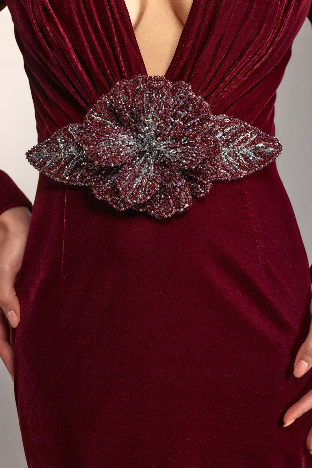 Velvet gown with crystal flower embellishment – RUBINA