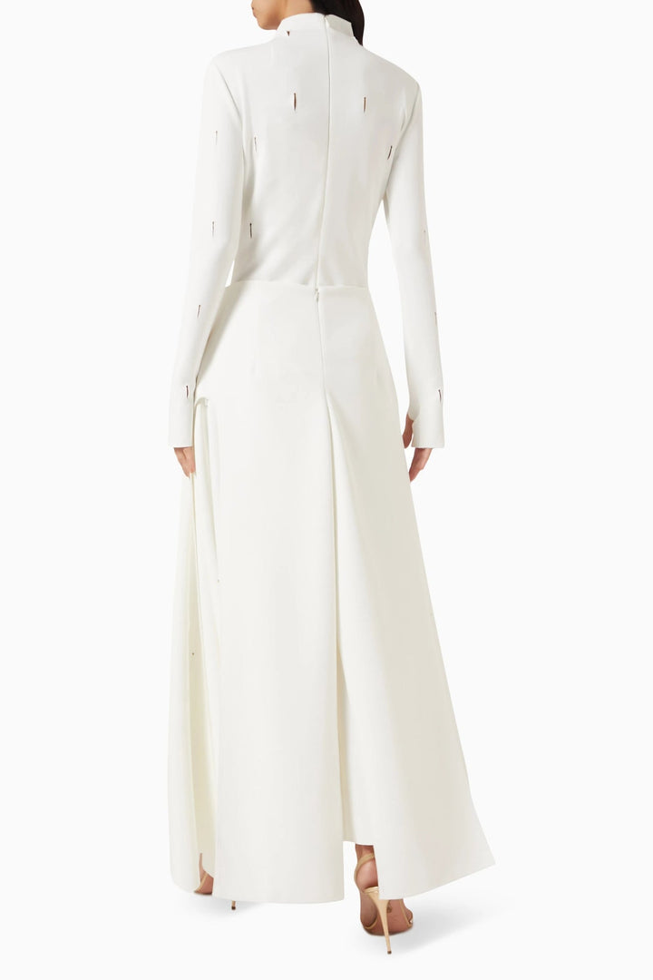 high-neck long-sleeve gown with front slit – RUBINA