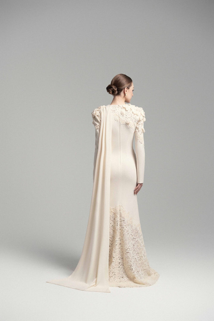 draped lace-embellished gown with floral shoulders – ODD- ELARIS