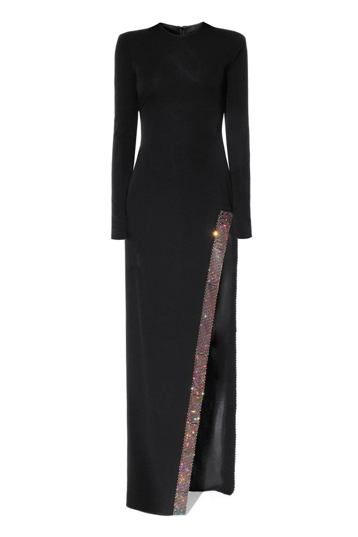 long-sleeve column gown with crystal slit – SIMONE