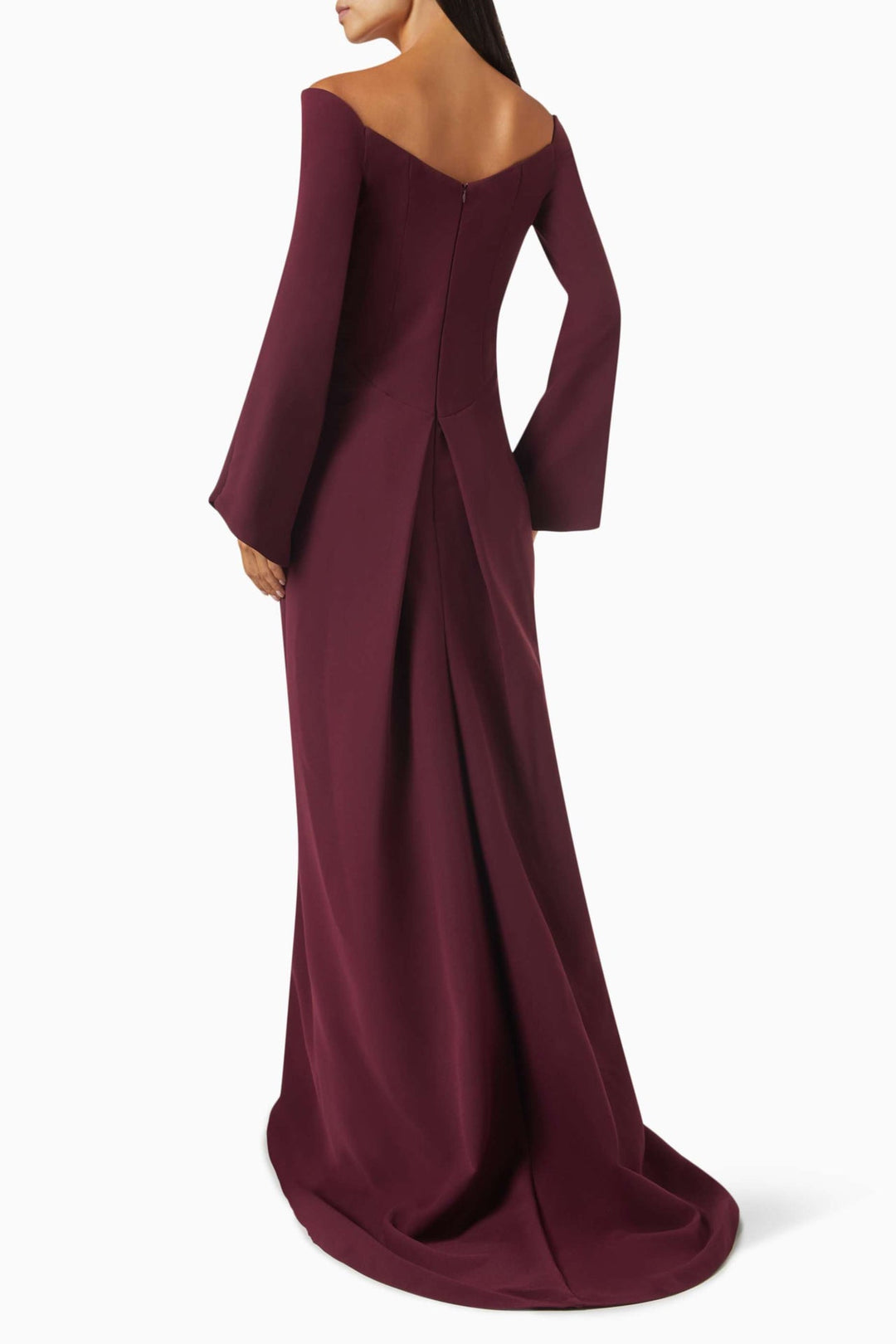 off-shoulder gown with flared sleeves – ODD- MERLOT